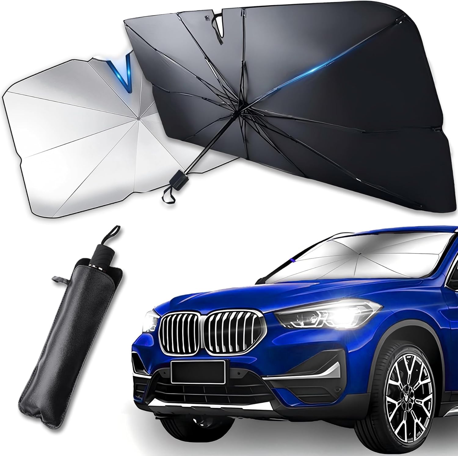 Pare Soleil Voiture Pare Brise Avant 135 x 73 cm - Anti - UV 99%, Parapluie Soleil Pliable, Convient aux Voitures, SUV, Fourgonnettes - Facile à Installer Et Compact.