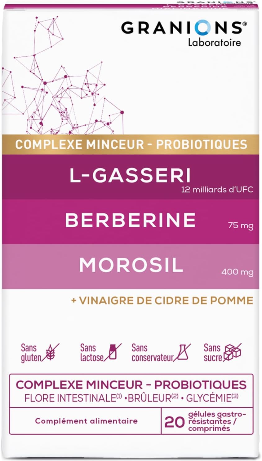 GRANIONS Probiotique Complexe Minceur - Morosil, Probiotique flore intestinale, Berberine, Vinaigre de cidre, Chrome, Lactobacillus Gasseri, Morosil Perte de Poids, Brule graisse, Ventre Plat 20 Jours