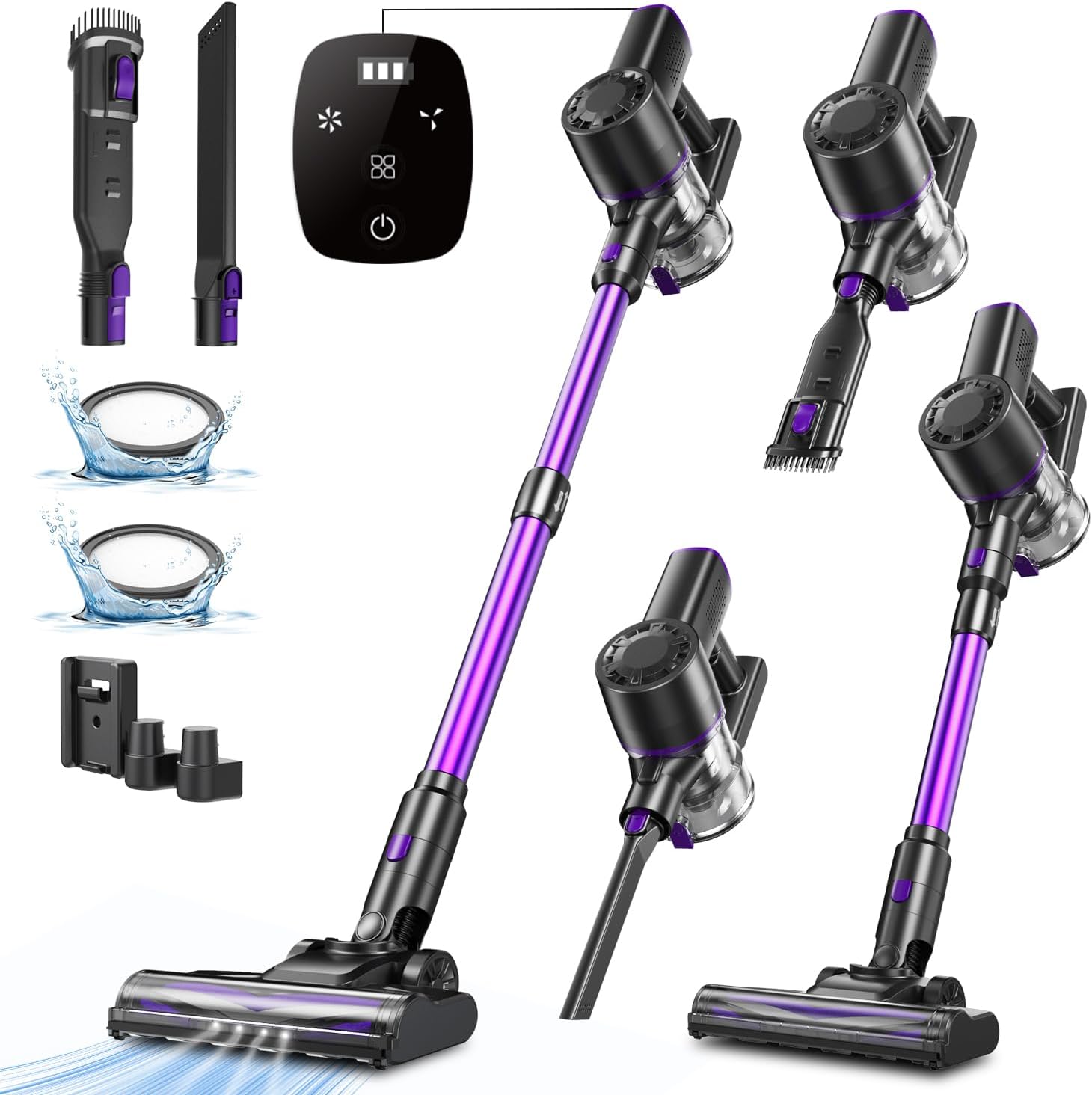 Aspirateur Balai sans Fil, 450W/40Kpa/60 Mins, Aspirateur sans Fil avec Écran LED, Filtration Cyclonique 4 Étapes, Aspirateur pour Tapis,Sols Durs,Poils d'animaux,Aspirateur Balai Léger,Violet
