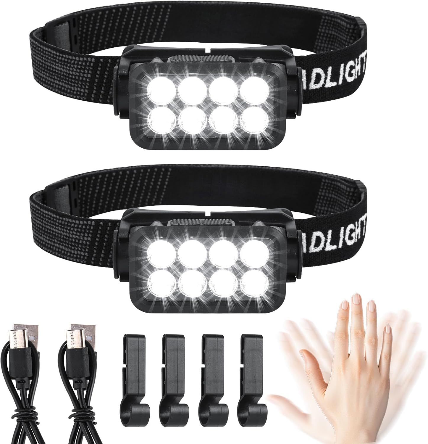 Lot de 2 lampes frontales LED rechargeables - Super lumineuses - 2500 lumens - 5 modes d'éclairage - Léger - IPX6 - Étanche - Capteur léger - Pour l'extérieur, le camping, la course, la pêche, les