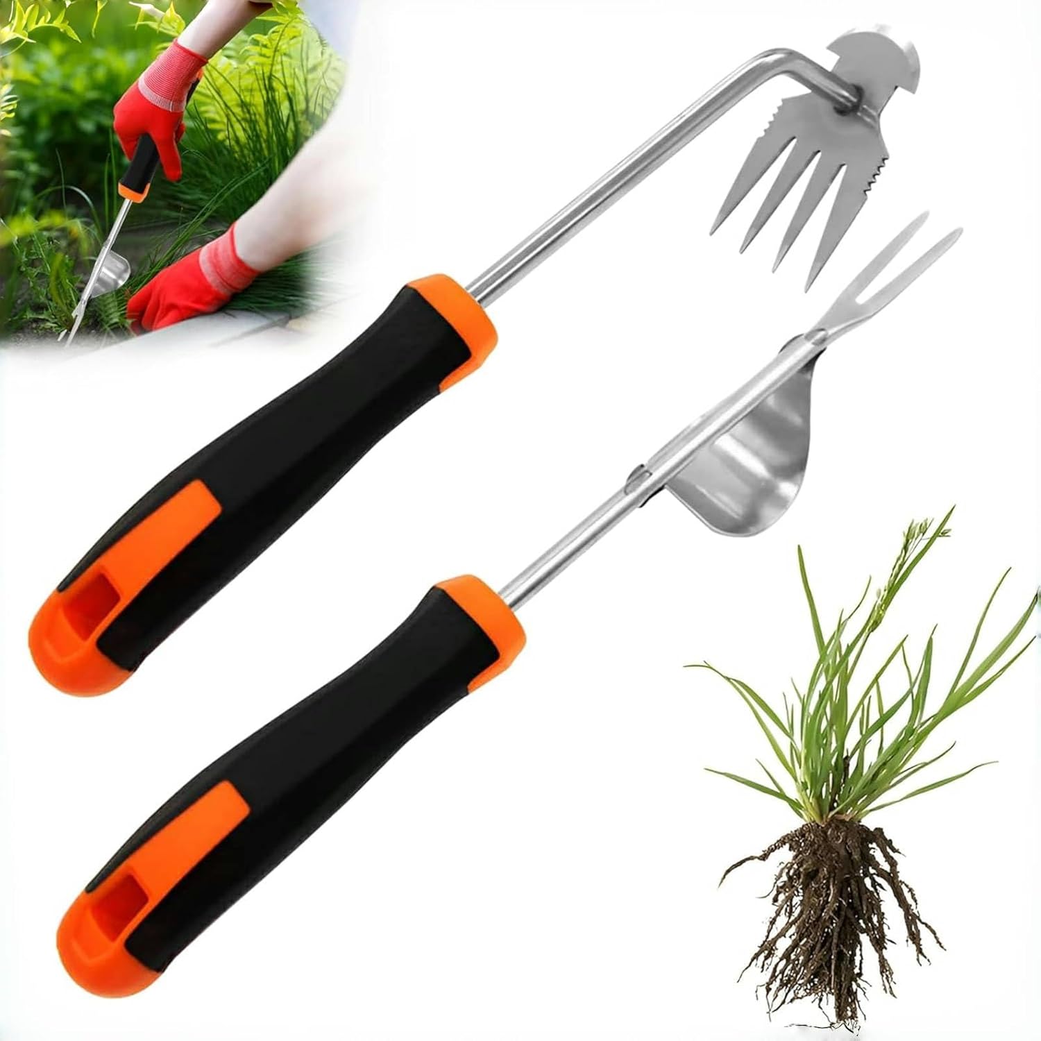 Outil Desherbeur Manuel Écologique avec Poignée Ergonomique Désherbeurs Manuels Manche Râteau de Désherbage Arrache Mauvaise Herbe avec Acier Inoxydable Outil de Jardin pour Pelouse et Potager (A)