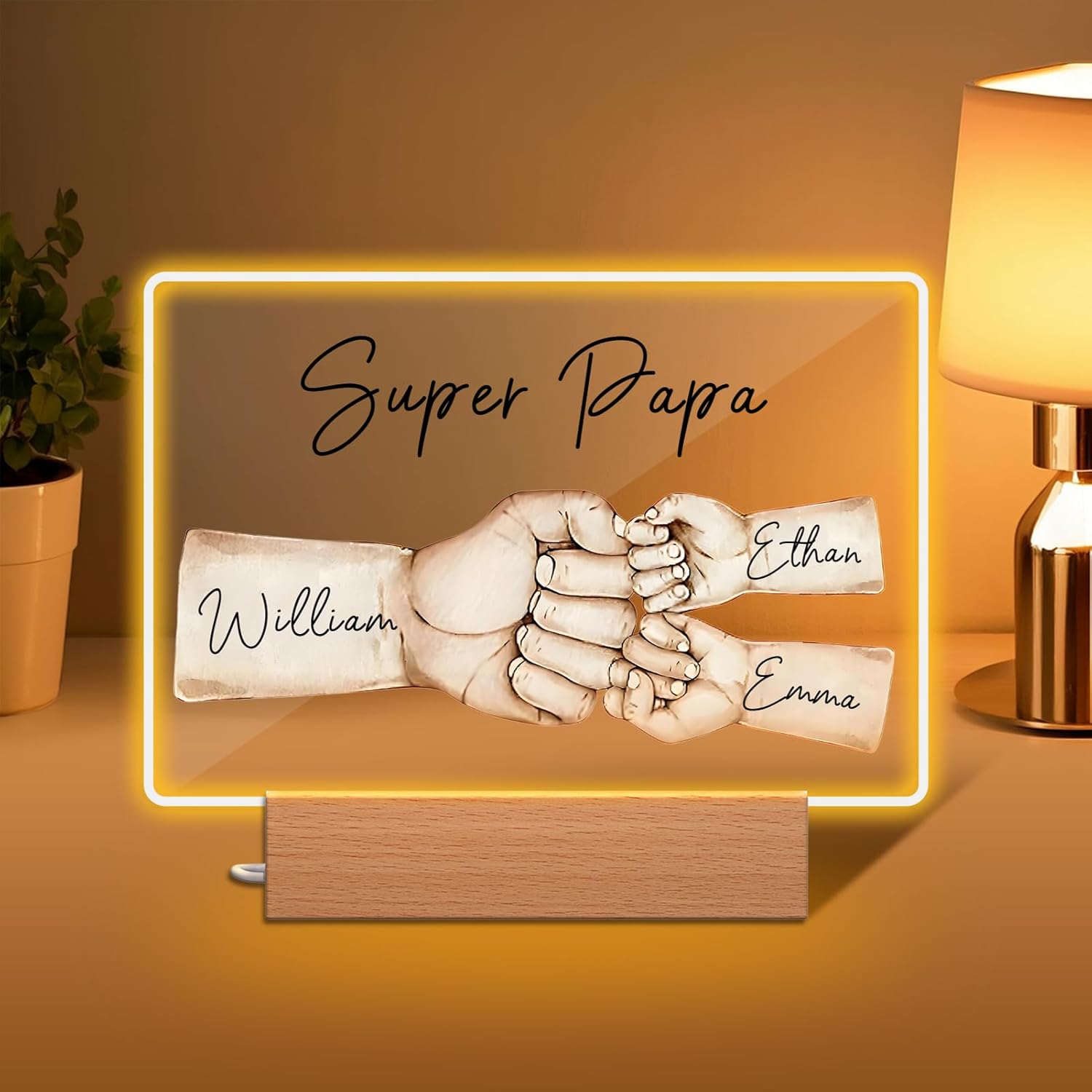 Rainsar Cadeau Fête des Pères Personnalisé Super Papa - Veilleuse LED Cadeaux Uniques avec Prénoms des Enfants, Décoration Émotionnelle pour Papa, Grand-Père ou Mari (1 à 5 Prénoms)