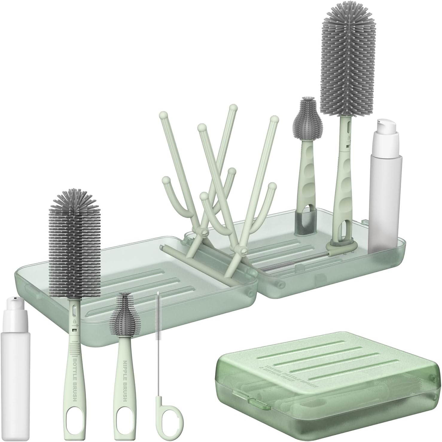ORAGKE Goupillon Biberon Silicone 6 en 1, Brosse Biberon Bébé, Kit Complet avec Egouttoir Biberon Bebe / 3 Brosses/Distributeur, Brosse Nettoyage Voyage avec Egouttoir Pliable/Étui (Vert)