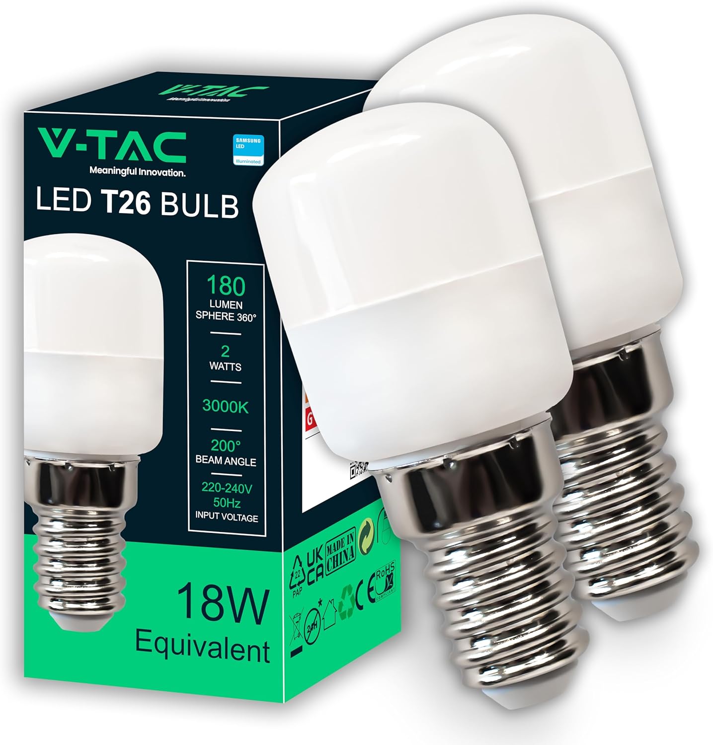 V-TAC 2x Ampoule LED pour Réfrigérateur et Lampes - Culot E14-2W - T26-180 Lumen - Petites Ampoules pour Efficacité Maximale et une économie d'énergie - Blanc Chaud 3000K