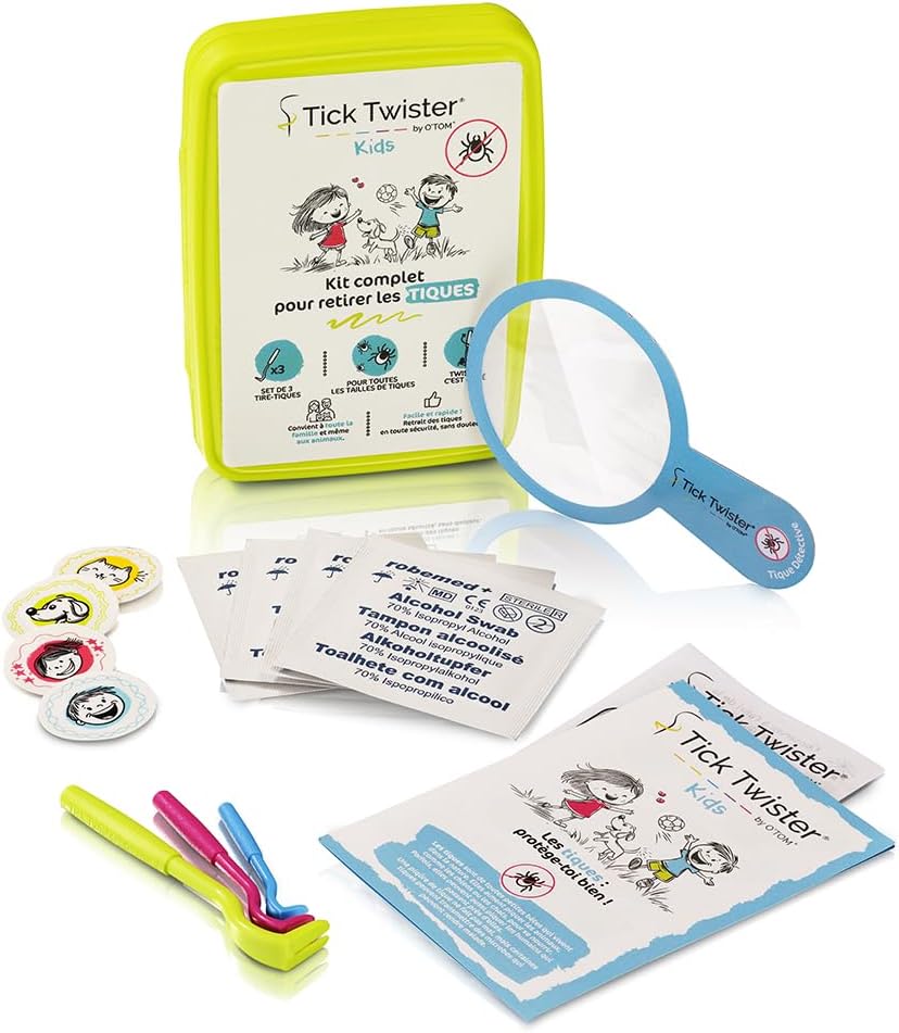 Tire Tique Spécial Enfants – Kit Complet avec Pince à Tique (set de 3) pour Humain, Lingettes Désinfectantes, Pansements Fun, Loupe et Boîte de rangement – Retrait Facile et Sans Douleur