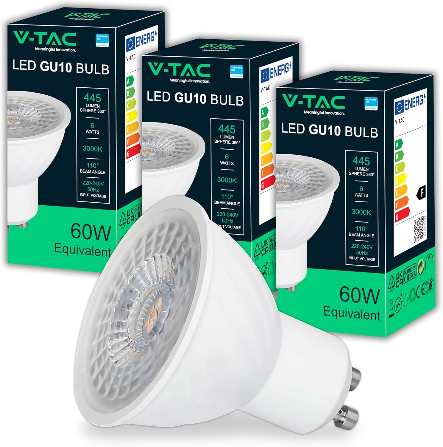 V-TAC 3x Ampoules LED GU10-6W Haute luminosité (Équivalent 60W) - CHIP SAMSUNG - 445 Lumen - Spot LED GU10 pour une Efficacité Maximale et une économie d'énergie - Blanc Chaud 3000K