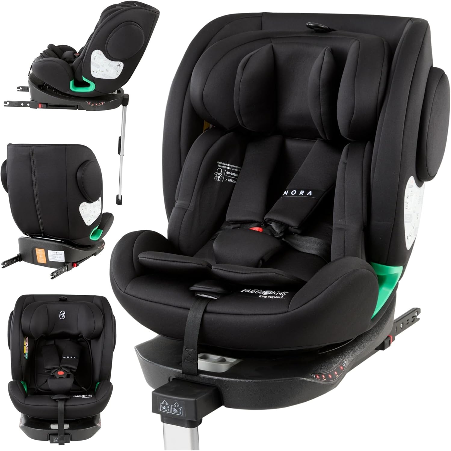 FableKids NORA Siège enfant, noir, pivotant à 360°, de 40 à 150 cm, avec ISOFIX et pied de support, appuie-tête et dossier réglables en hauteur, certifié ECE R129/04