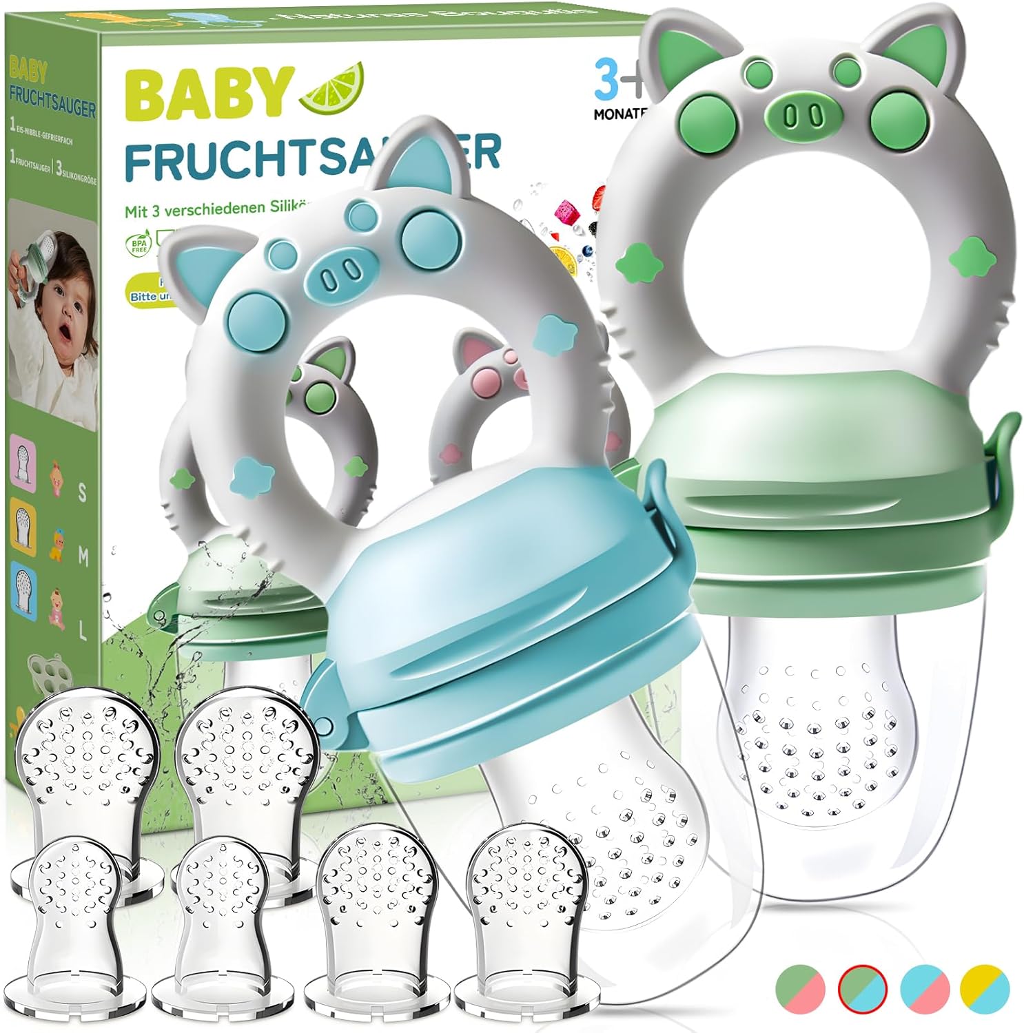 Grignoteuse Bébé- Lot de 2 Tétine Grignoteuse Bebe, Sans BPA en 3 Tailles Inclus 8 Tetines Evolutives, Sucette Fruits Bebe 3+ Mois, Produit Accessoire Bébé Diversification Alimentaire (Vert + Bleu)