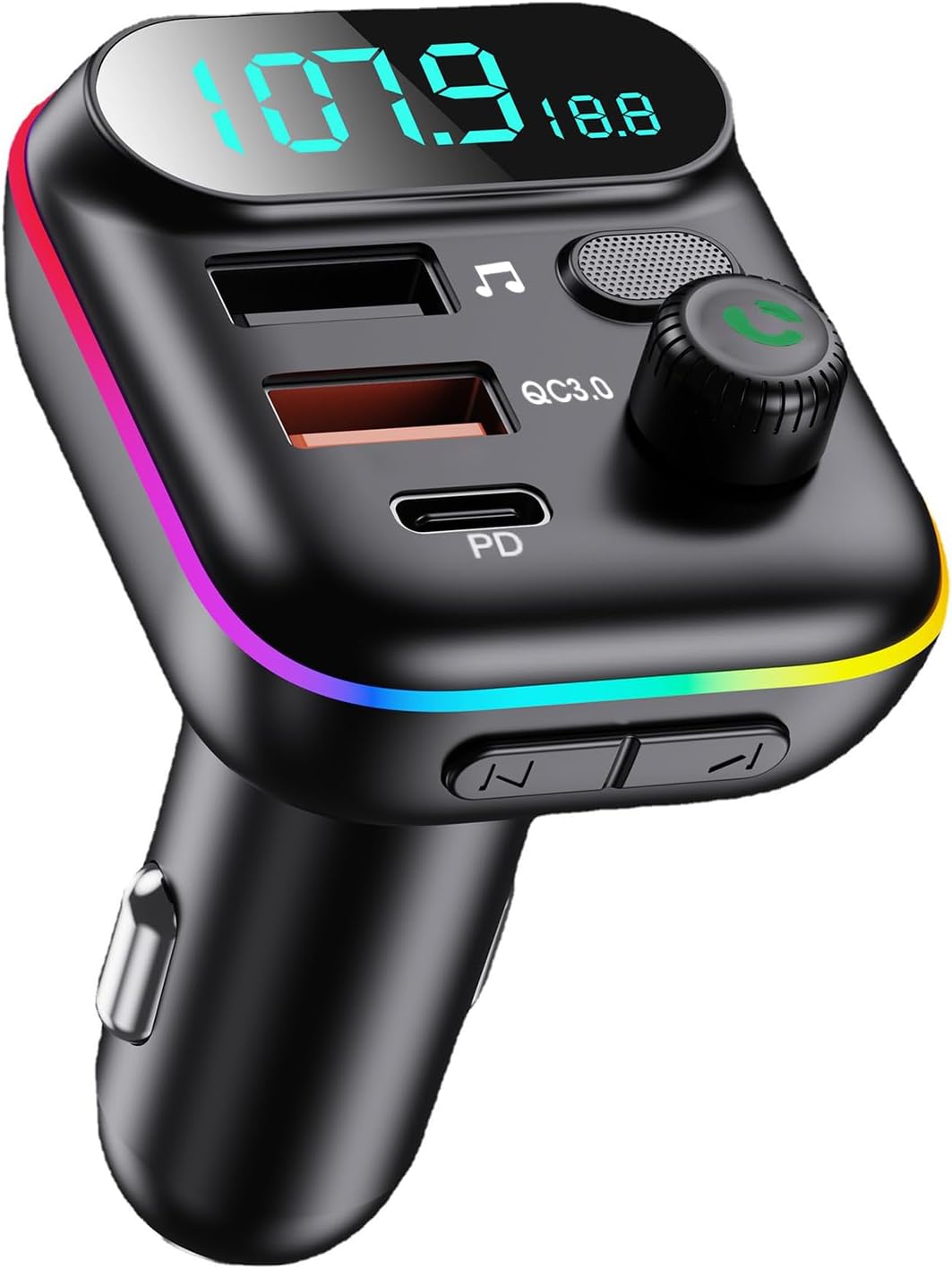 Transmetteur FM Bluetooth Voiture 5.0, Adaptateur Voiture QC3.0 Chargeur Rapide 2USB 1PD 18W pour Mains Libres et Écoute Musique, Allume Cigare Prise avec Affichage LED, Charge Les Cartes USB et TF