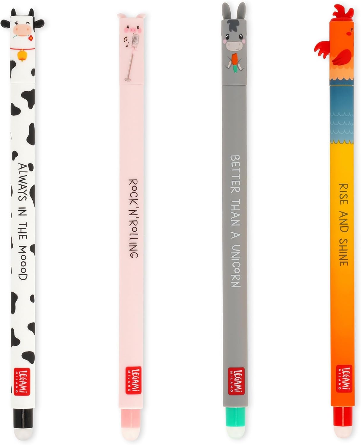LEGAMI - Set of 4 Farm Sweet Farm Erasable Gel Pens, Stylos à encre thermosensible effaçable, noir, rose, vert, rouge, efface sans consommer de feuille, pointe 0,7 mm