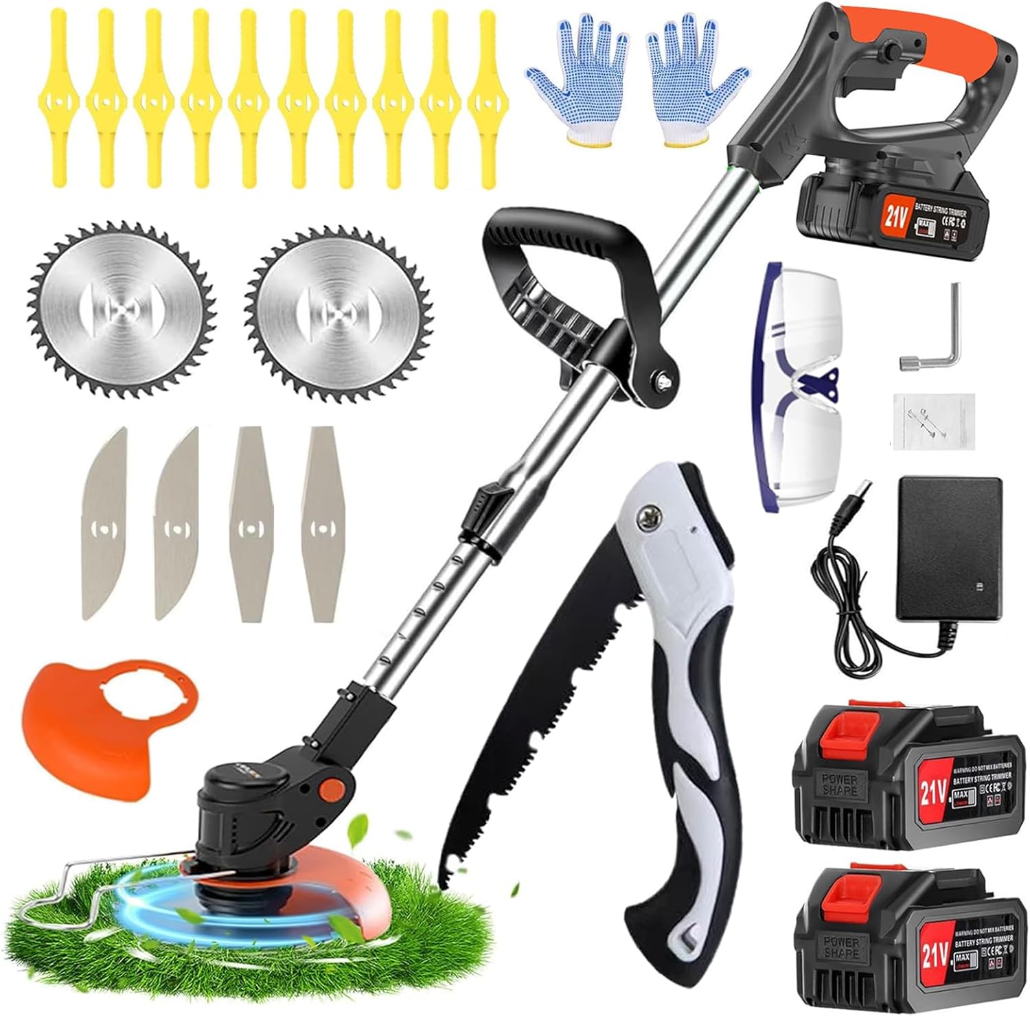 Debroussailleuse Electrique sans Fil, Debrouissalleuses Batterie, 21V 2.0AH Coupe Bordure sans Fil avec 2 Batterie&3 Lames,Débroussailleuse Rétractable Convient aux Jardins et aux pel