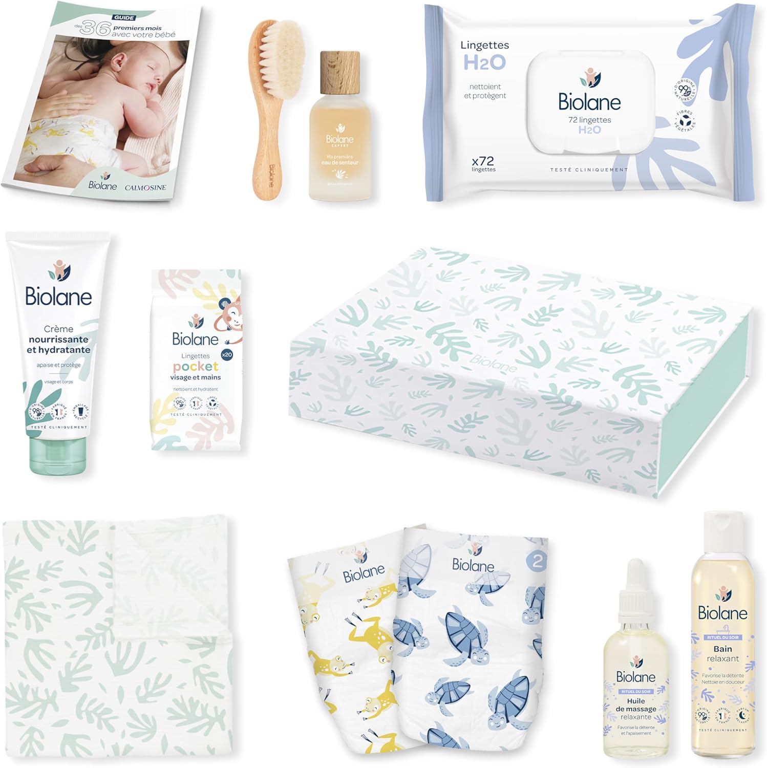 BIOLANE - Coffret Cadeau Naissance Biolane - 10 Essentiels Bébé : Couches Biolane, Lingettes H2O, Lange Doux, Soins, Eau de Toilette - Coffret Naissance Complet pour Nouveau-né et Jeunes Parents