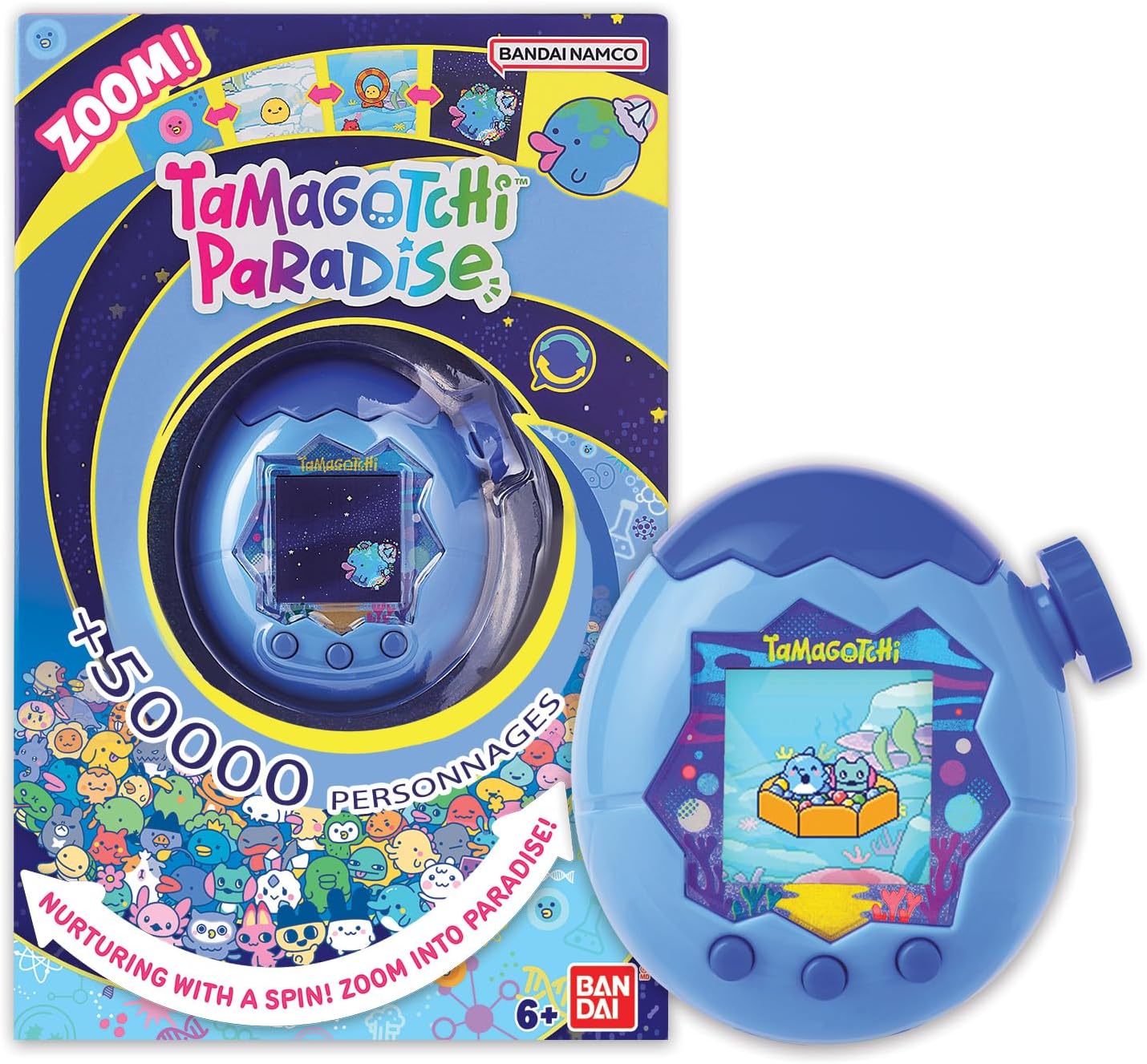 Bandai - Tamagotchi Paradise Eau - Animal Virtuel à élever - Tamagotchi avec molette de Zoom - Jouet Interactif en français - Modèle Eau Coloris Bleu - Jouet Enfant 6 Ans et + - 43422